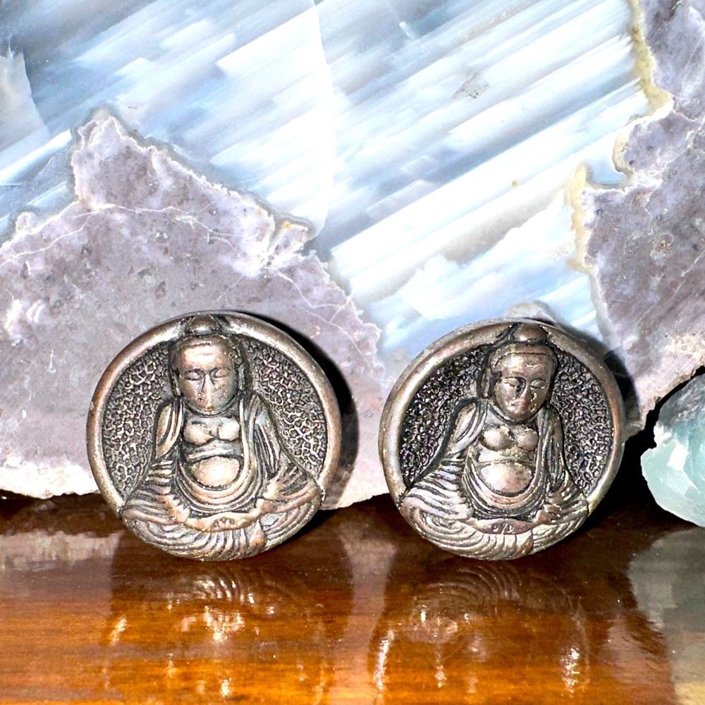 Vintage Buddha earring silver tone screw back religious healing clip on